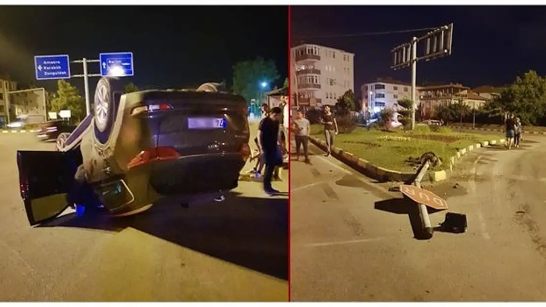 Direğe çarpan araç takla attı