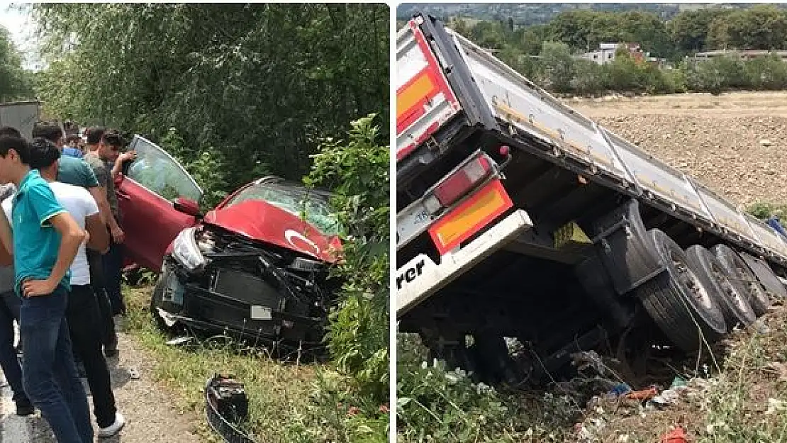 Otomobil ile çarpışan tır şarampole devrildi