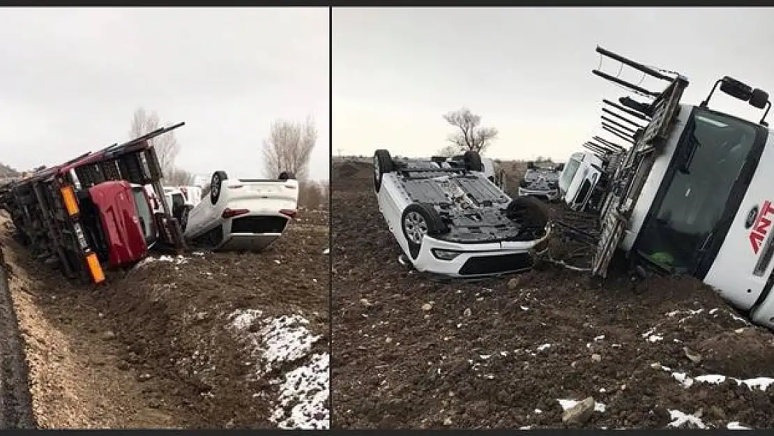 Sıfır otomobilleri taşıyan TIR devrildi