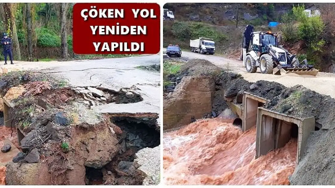 Yağmurda çöken yola müdahale