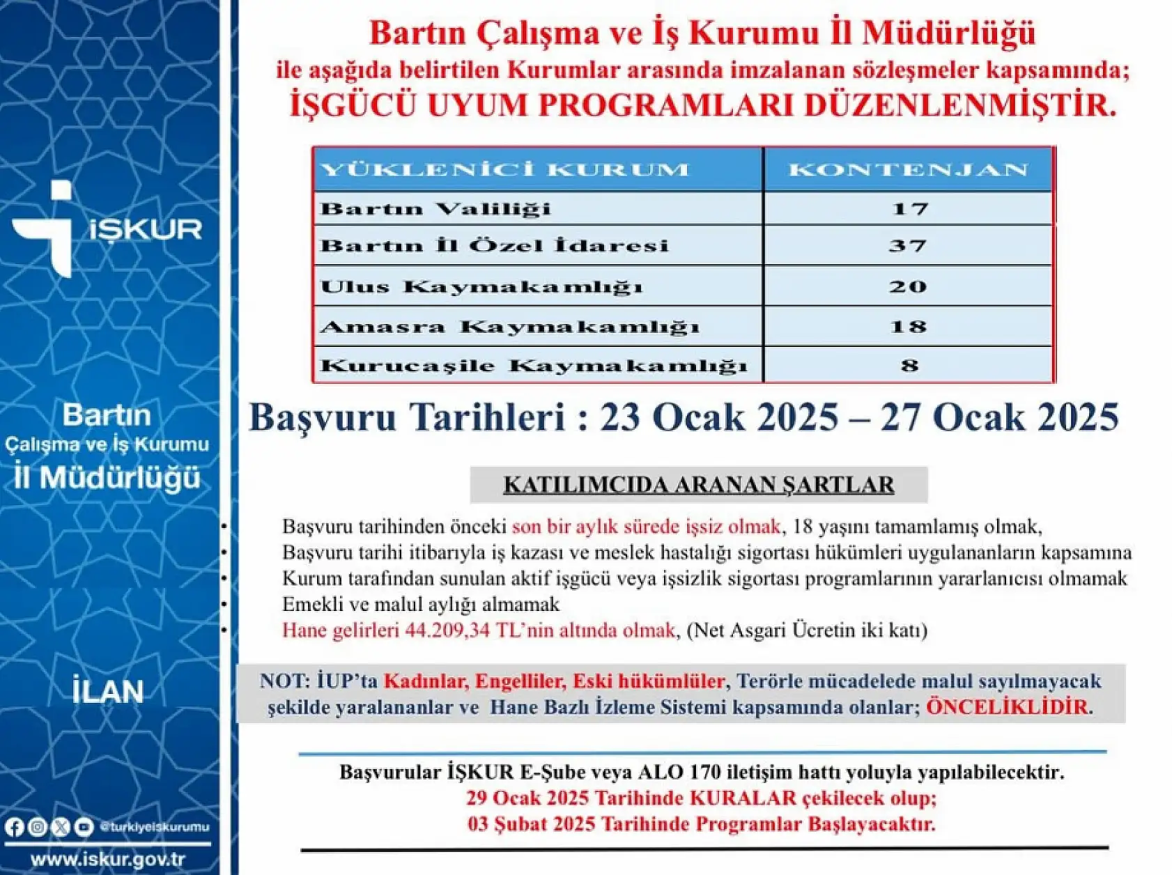 Bartın'da 100 kişi alınacak