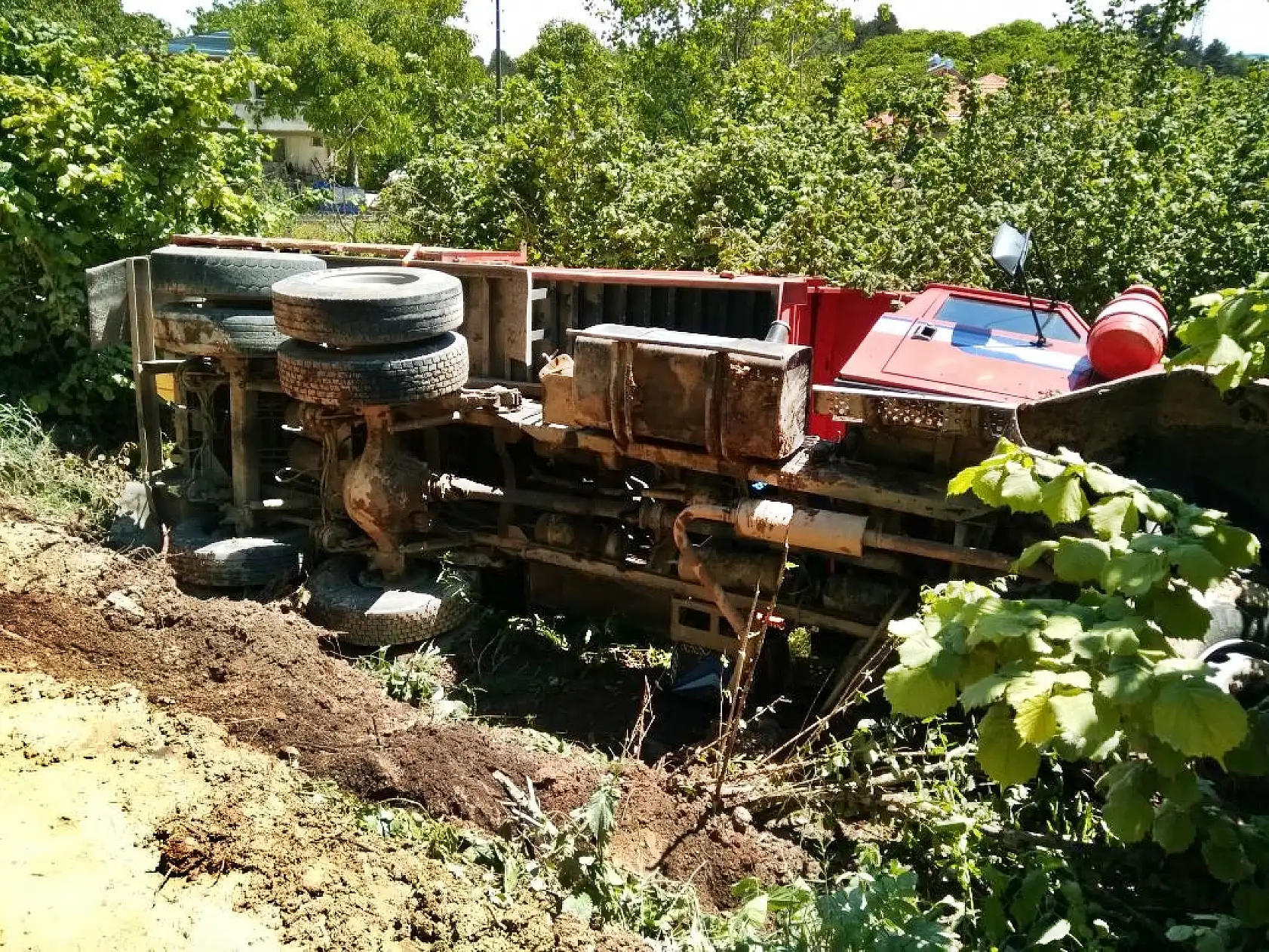 Kereste yüklü kamyon şarampole devrildi