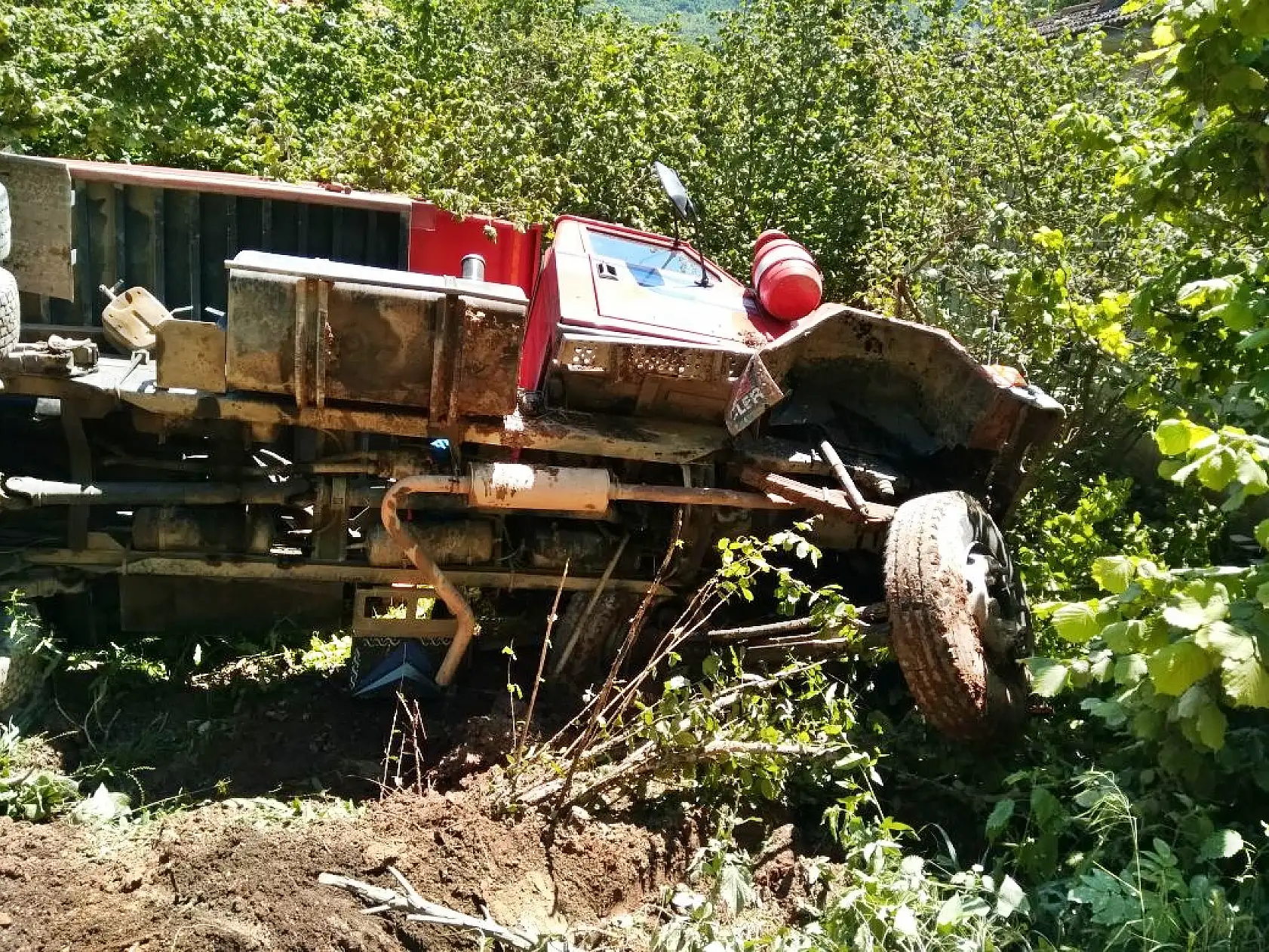 Kereste yüklü kamyon şarampole devrildi