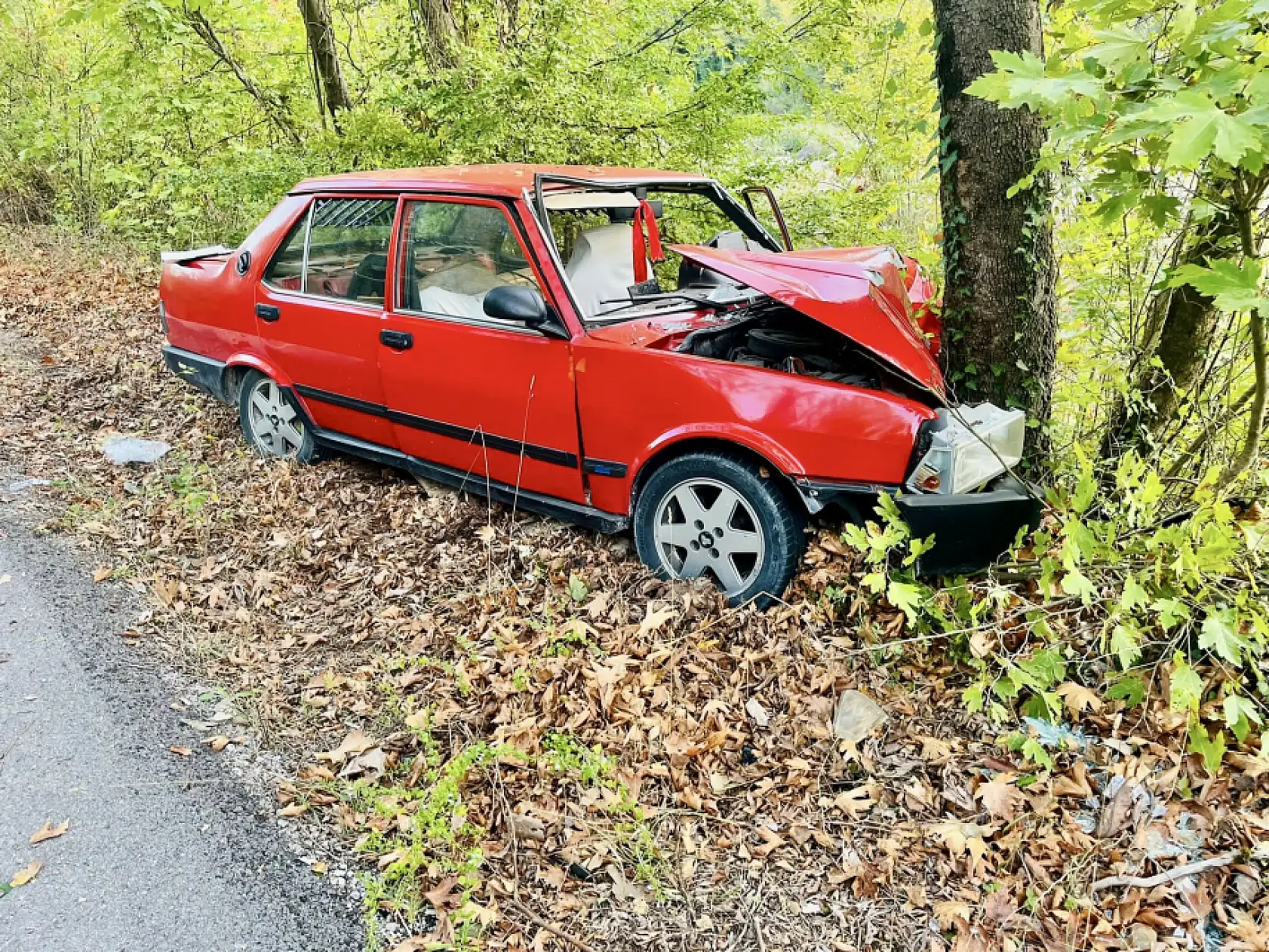 Yoldan çıkan otomobil ağaca çarptı