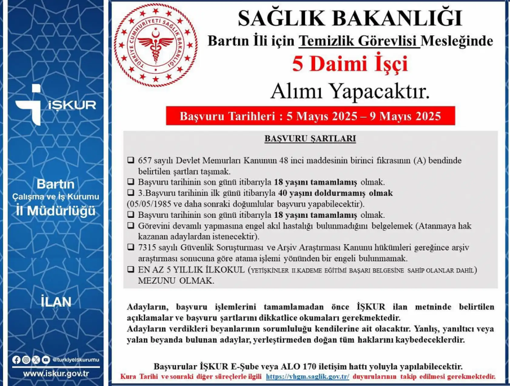 Sağlık Bakanlığı temizlik işçisi alacak