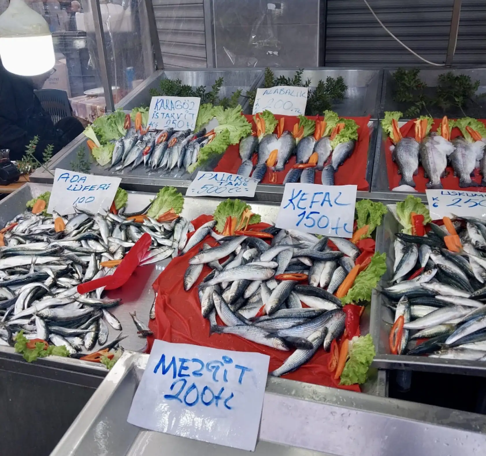 Oynuyor balık, tezgahlar kalabalık