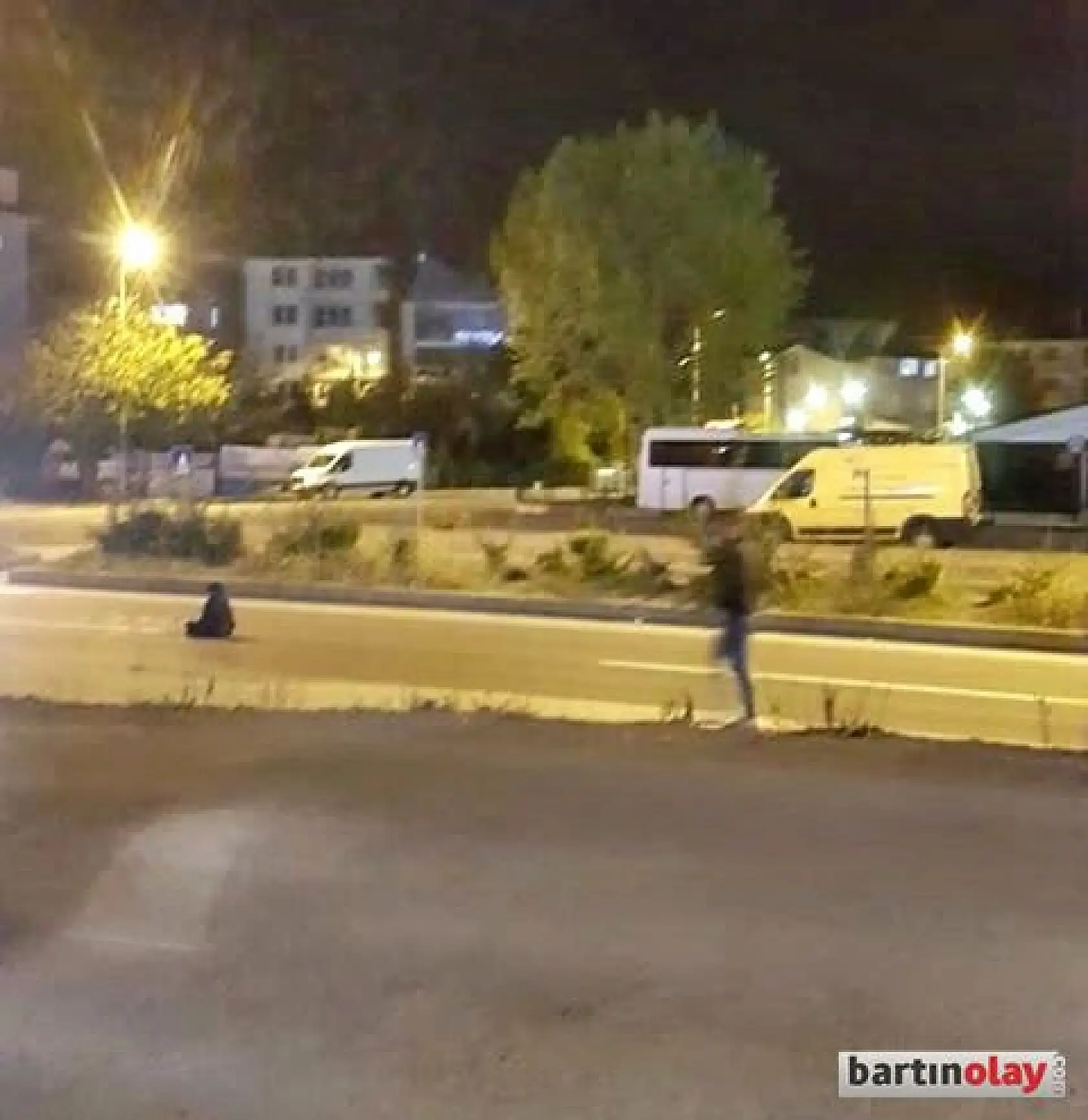 Yolun ortasına oturdu