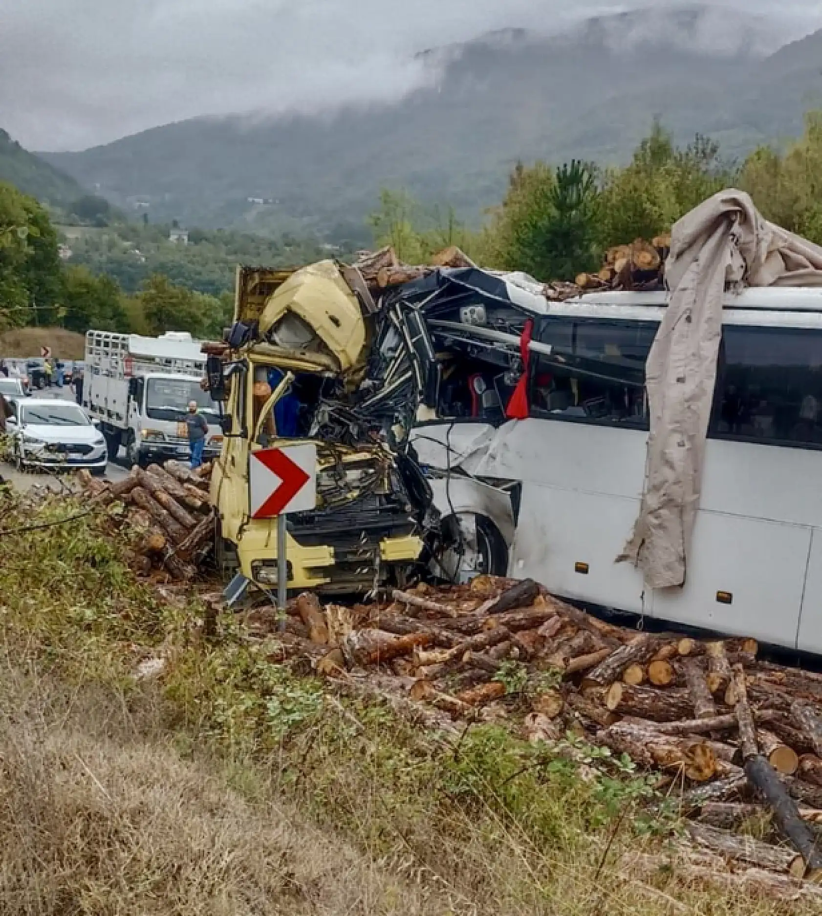 Otobüs odun yüklü tırla çarpıştı