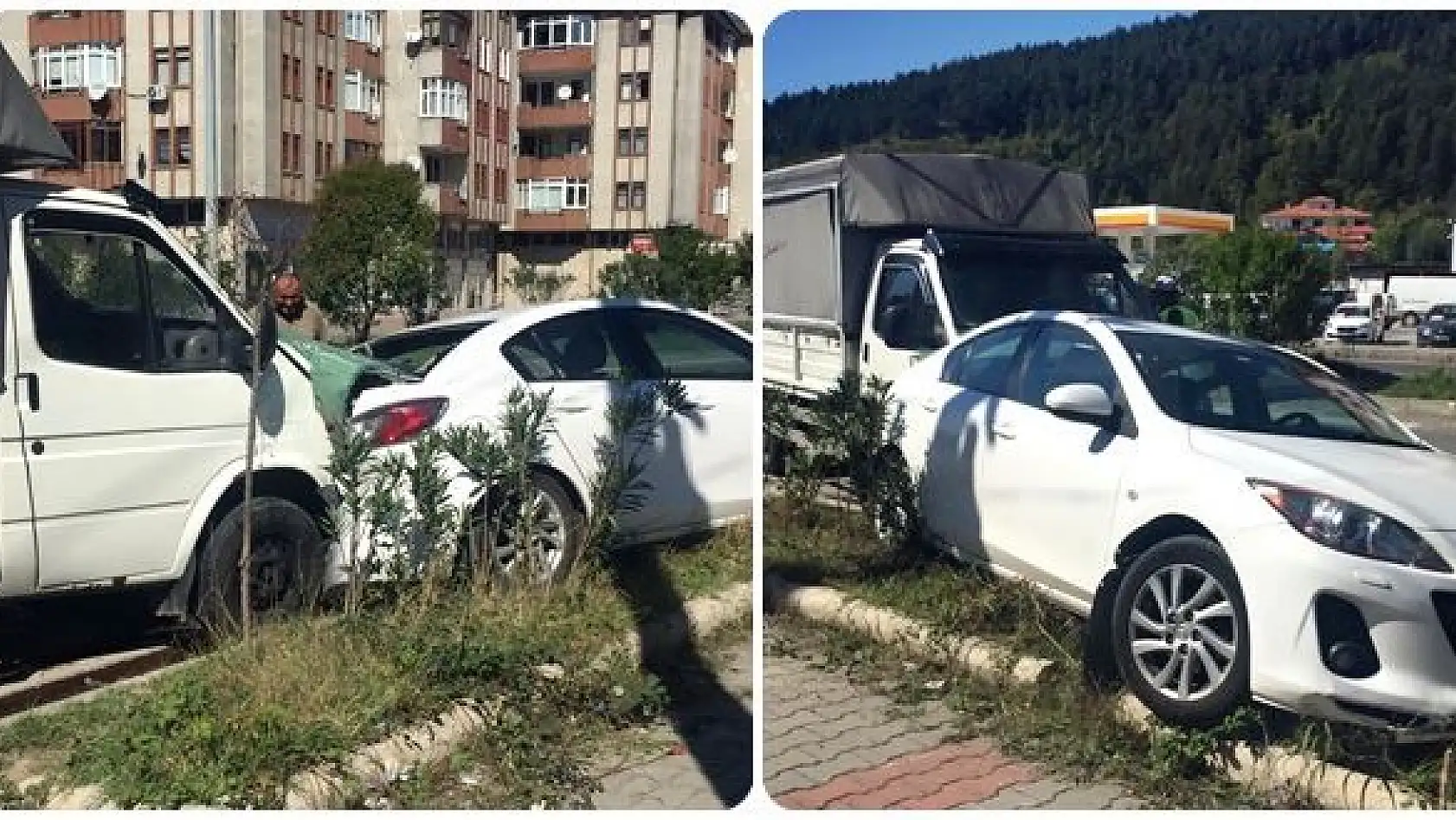 Kamyonetin çarptığı otomobil bankete çıktı