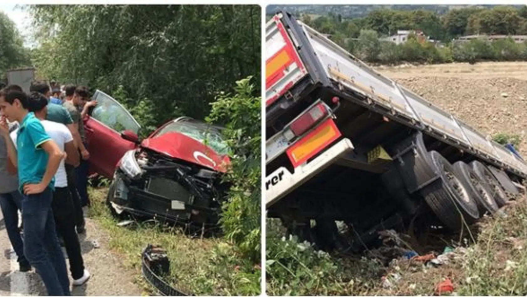Otomobil ile çarpışan tır şarampole devrildi