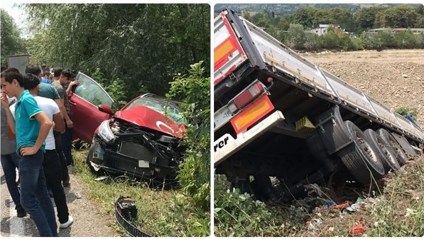 Otomobil ile çarpışan tır şarampole devrildi