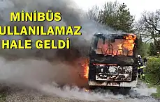 Alev alan İşçi minibüsü yandı