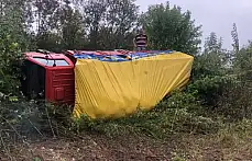 Islak yolda tarlaya devrildi 