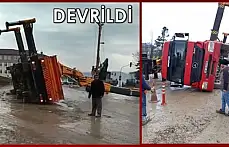 Yol çalışmalarında vinç devrildi