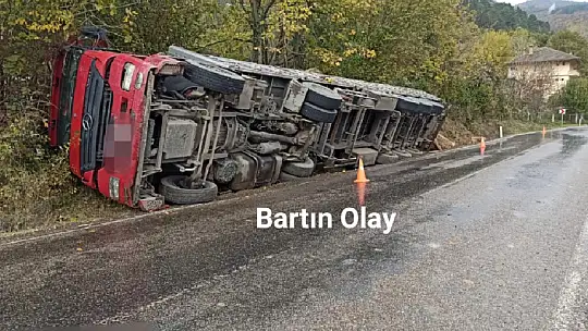 Tomruk yüklü tır devrildi