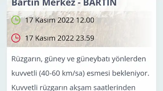 Bartın için sarı kodlu uyarı