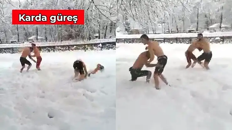 Kar üstünde güreşe tutuştular