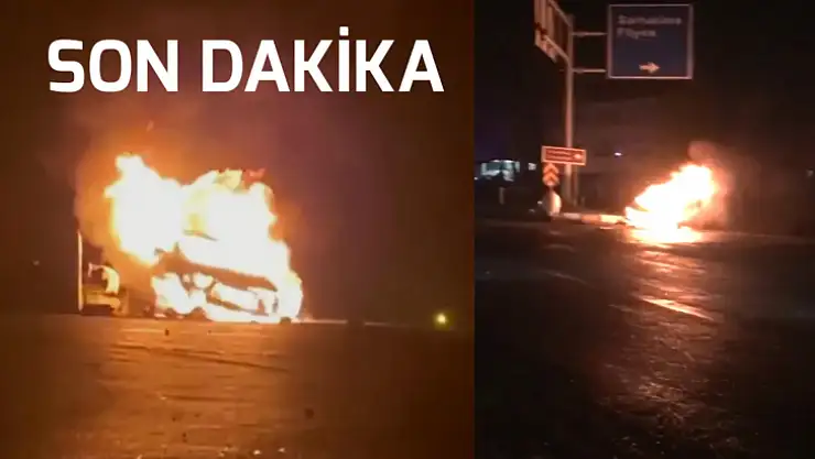 Kaza yapan araç alev aldı