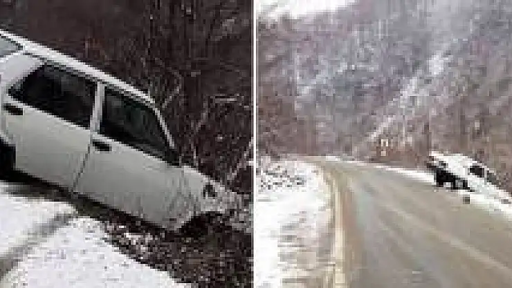 Otomobil uçurumun kenarında asılı kaldı