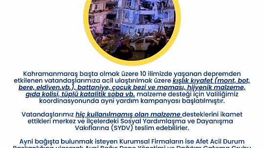 Valilik yardım kampanyası başlattı