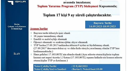 Bartın'da 17 kişi işe alınacak