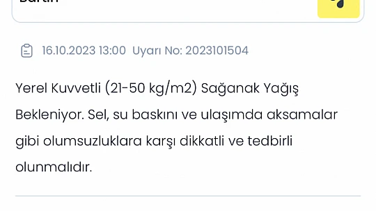 Bartın için sarı kodlu uyarı
